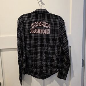 Harley Davidson Women's Flannel Black Plaid Pink Words Logo Breast Cancer XS